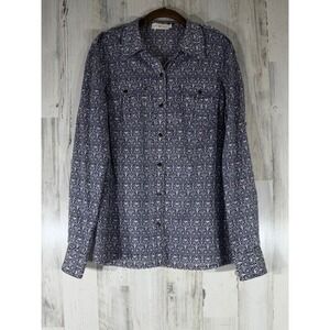Tory Burch Button Up Blouse Top Size 12 Navy Geometric Semi Sheer Lightweight